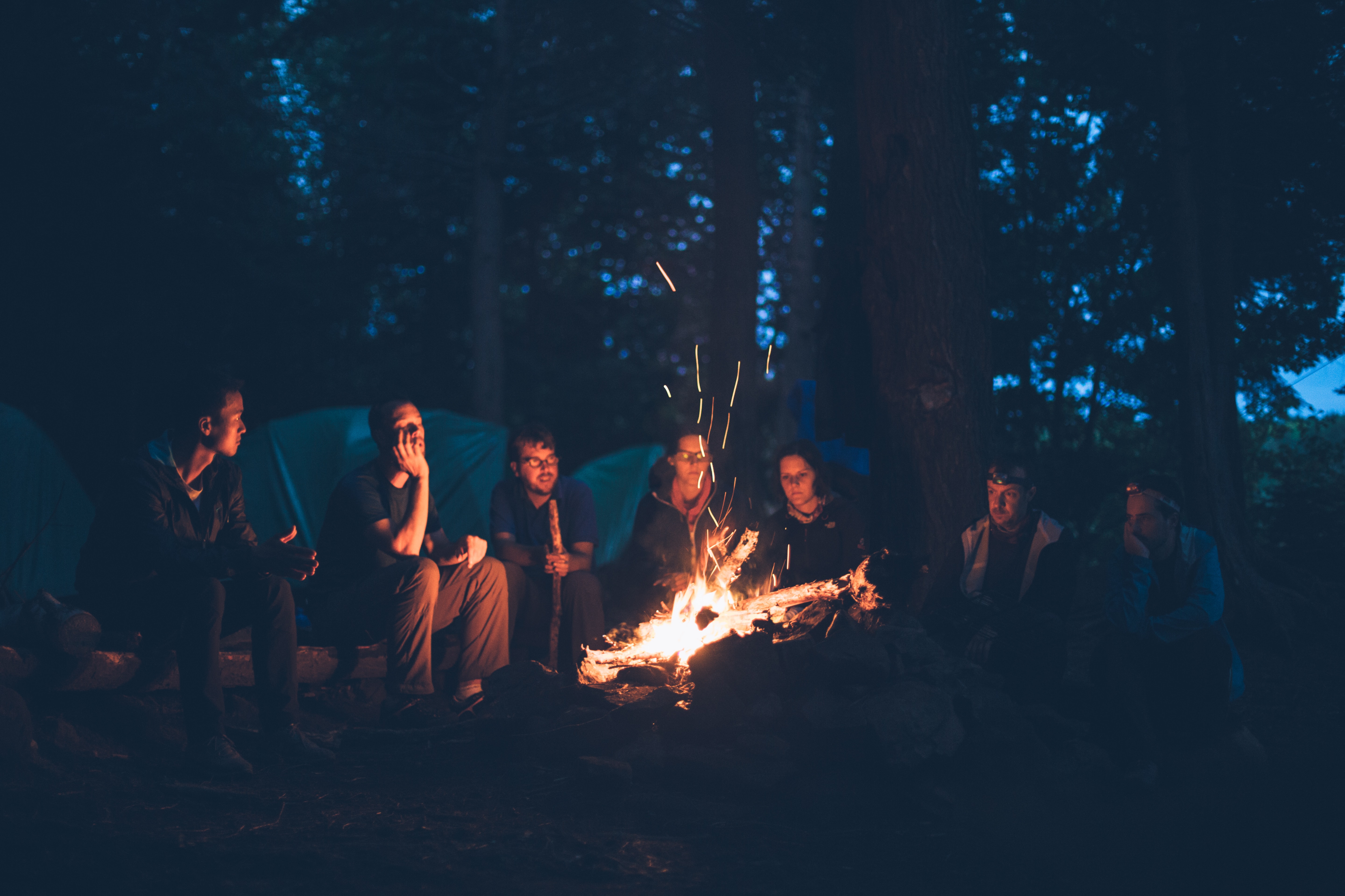 people sitting around a fire in a forest